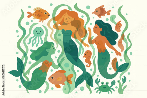 Imaginary mermaids and eccentric marine beings, superimposed in a double exposure with swirling kelp and bubbles, forge a playful underwater realm