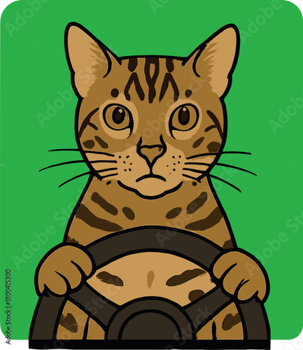 A cat sits behind a steering wheel, facing forward, in a green screen compositing shot with isolated chroma key, while a Bengal drives a car, creating distortion, overlay, glitch, static noise, and