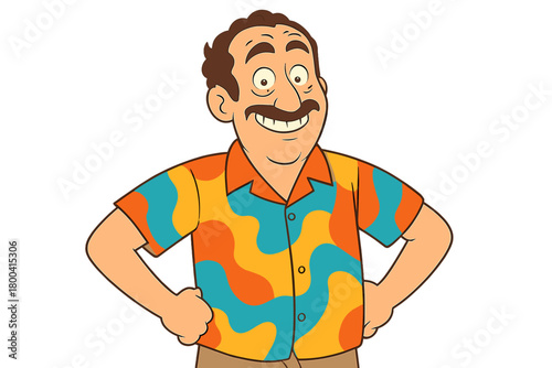A middle-aged man, amused and sporting a goofy grin with raised eyebrows, wearing a brightly colored shirt, stands in a comical pose with his hands on his hips