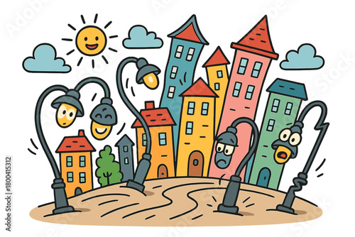 A playful tableau of a vibrant cityscape with cartoonish buildings, goofy streetlights, and a lively sense of chaos under a bright sunny sky