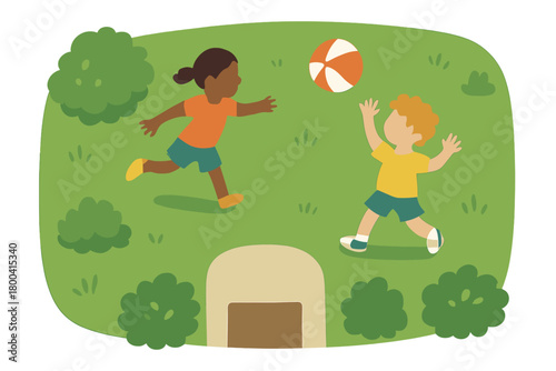 A bird's-eye view shows two children playing in the front yard