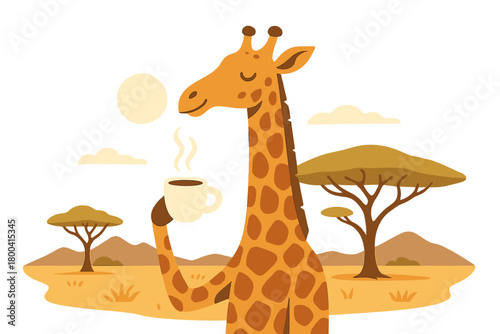 A surreal giraffe sipping morning coffee on the African savanna