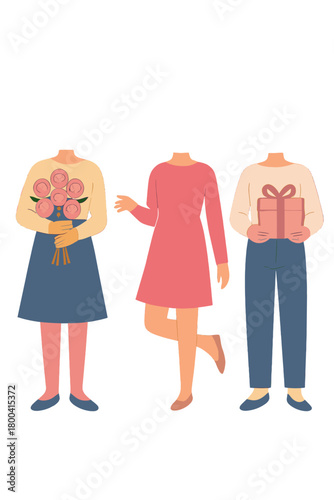 A creative panoramic collage photo of headless people, trick concepts, pink roses, and flowers celebrating International Women’s Day, isolated on a red background