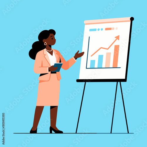 Black woman presenting financial growth chart on blue background  