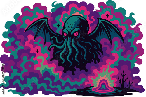 A chilling, psychedelic portrayal of Cthulhu and the Colors Out of Space, featuring eerie and absurd elements, set against a coatl-colored fog—an ominous horror‑punk wallpaper backdrop