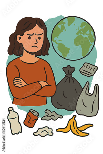 A composite photo collage shows a dissatisfied girl with a severed head, set against a painted backdrop, illustrating global environmental litter, damage, pollution, and an isolated eco problem