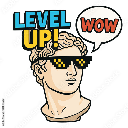 A 4K modern concept video featuring an ancient statue head, with GIF animation glasses and word backgrounds in a game style, contemporary stop‑motion art, funky and unusual design, a pop‑art