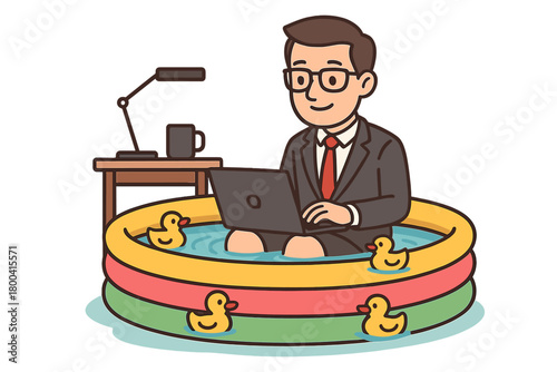 A businessman works in a kiddie pool with rubber ducks, a funny office situation that captures the work‑from‑home concept