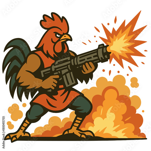 A fierce rooster warrior unleashes a heavy weapon amid dust and flames