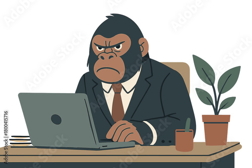 A  photo shows a stern, furious gorilla working on a laptop in an office