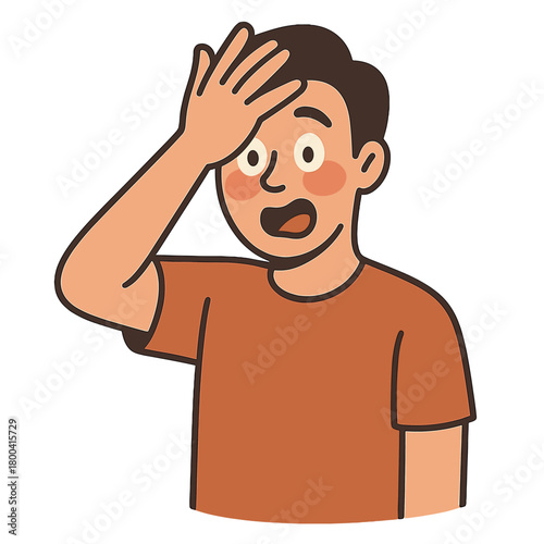 A young adult's face brightens with a humorous mix of surprise and embarrassment, palm on forehead in a duh moment