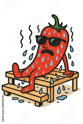 A chili pepper in sunglasses sits in a sauna, dripping sweat; the scene is absurdly funny, visually depicting heat, sweat droplets, and absurdity