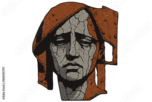 A concrete and welded sculpture of a human female face crafted from rusty, corroded steel, conveying expressive and bleak post‑industrial modern decay art –