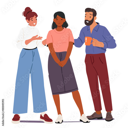 Team congratulating female colleague during informal talk standing together isolated on white