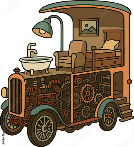 A cutaway view of a bizarre retro car featuring a whimsical interior and mechanical components, set in a brightly lit factory setting