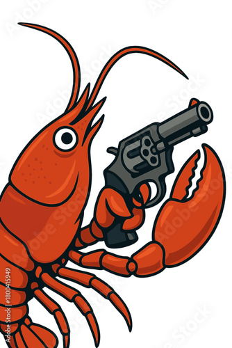 A surreal close-up of a lobster clutching a revolver, blending marine life with absurd conflict in a dramatic and humorous composition,