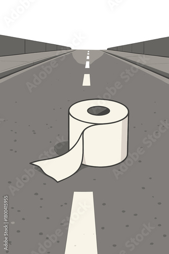 A roll of toilet paper on an asphalt road creates a humorous scene that hints at poor planning; this absurd sight on an empty street evokes confusion and surprise