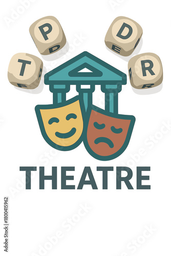 A 3D illustration featuring theatre graphics and text encircling an icon made of metallic dice letters, conveying the concept’s related meanings and presentations, with architectural and editorial