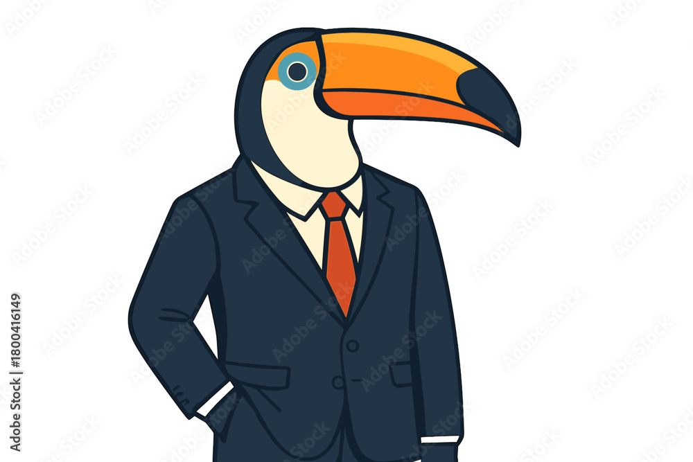 Fototapeta premium A toucan with anthropomorphic features in a business suit, symbolizing a -based business concept enhanced by human traits