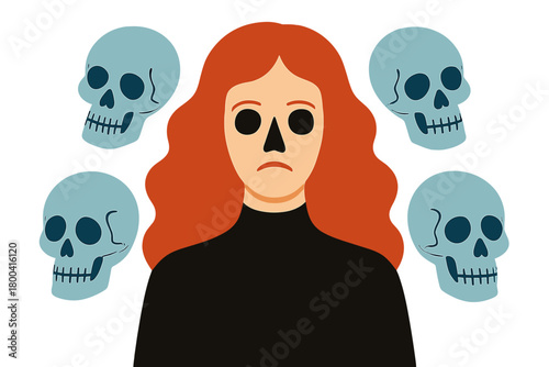 A  image of a red‑haired woman in a creepy, absurd costume, depicted in a minimal flat‑lay portrait, surrounded by blue skeletal skulls