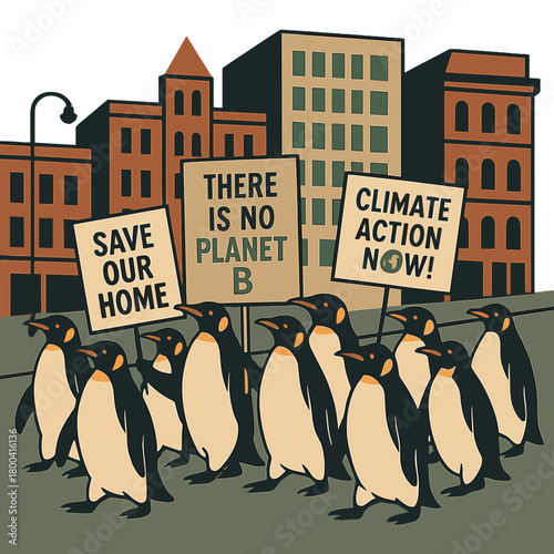 Penguins march down a city street, satirizing climate change