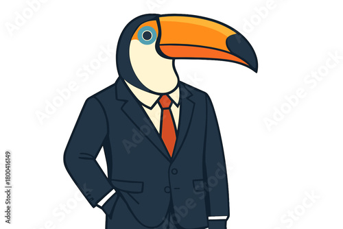 A toucan with anthropomorphic features in a business suit, symbolizing a -based business concept enhanced by human traits