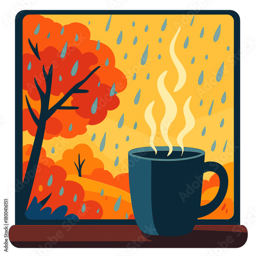 Capturing the spirit of autumn, the surreal composition features steaming cups, rain‑kissed panes, a vibrant scene with a mug and raindrop‑spattered window, all rendered in experimental photography
