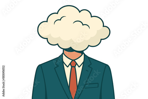 A surreal depiction of a suited man whose head is a cloud, representing abstract thought, confusion, or daydreaming in a conceptual art style
