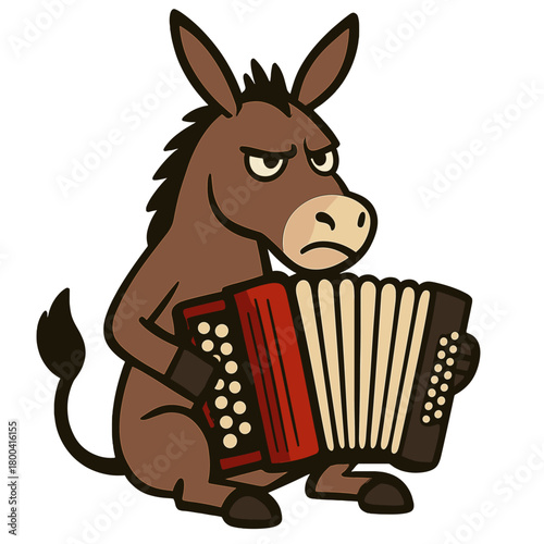 A photograph of a stubborn donkey playing an accordion, set against a light olive‑green background