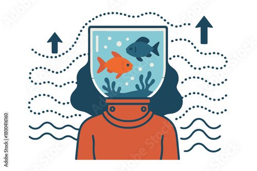 A woman wearing a fish tank as a diving helmet, with fish inside, against a reverse diving paradox backdrop
