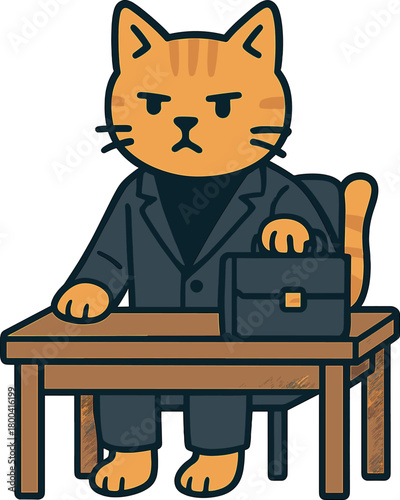 A picture shows a cat seated at a desk in a miniature suit, clutching a briefcase and appearing very serious