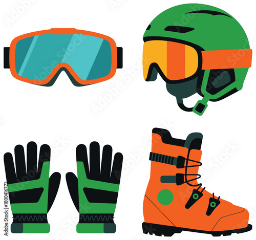Winter sports equipment collection, vector illustration of ski helmet, goggles, gloves, ski boots, snowboarding accessories, alpine sports gear, creative vector icons, outdoor winter activity essentia
