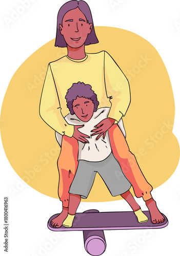 An older sister and brother are exercising together on a balance board. Joint physical activity. Vector illustration.