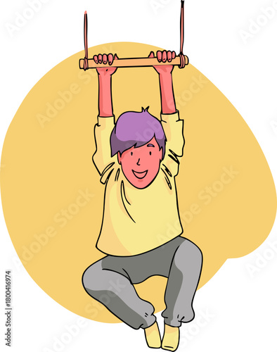 A boy is hanging on a gymnastic trapeze. Vector illustration.