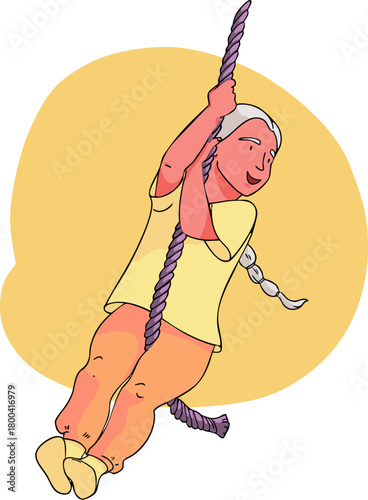A girl is climbing a rope. Vector illustration.