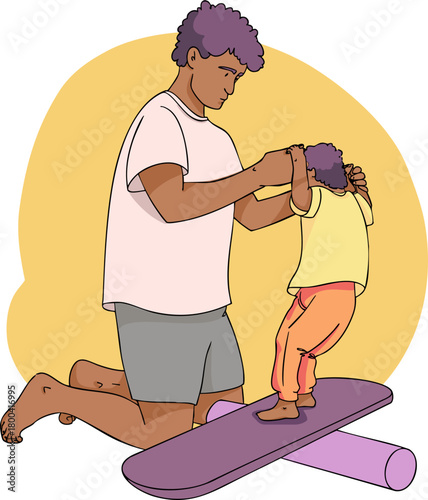 A dad is helping his son stand on a balance board. Joint exercises. Vector illustration.