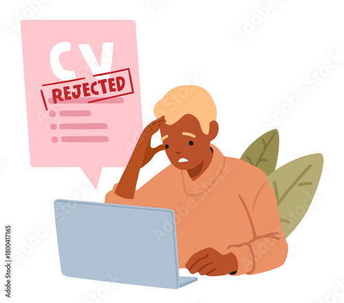 Upset man cartoon character candidate receiving rejected CV form notification on laptop computer
