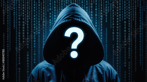 Uncover the Mystery A hooded figure shrouded in digital darkness with a glowing question mark for cybersecurity concepts and tech unknowns
