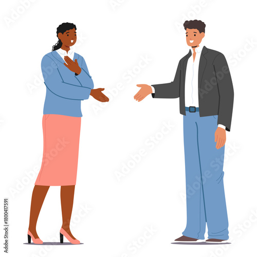 Man employer spreading arm for handshake congratulating female candidate with positive recruitment