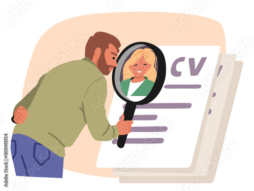 Employer male cartoon character looking for candidates with magnifying glass reading CV form