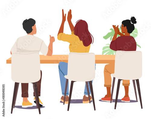 Business team applauding with congratulations and support sitting at office table view from back