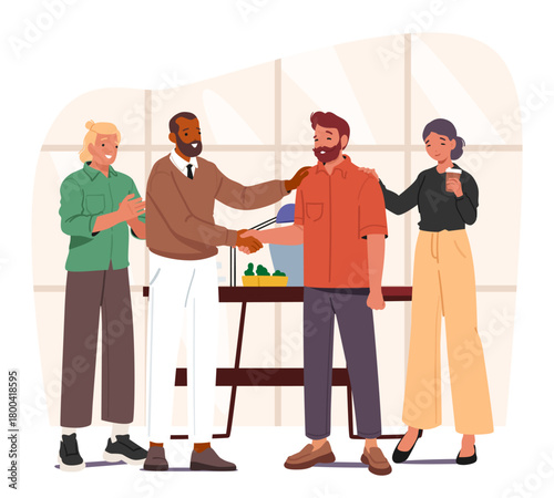 Team handshaking, supporting with pat on shoulder congratulating male colleague in shared workspace