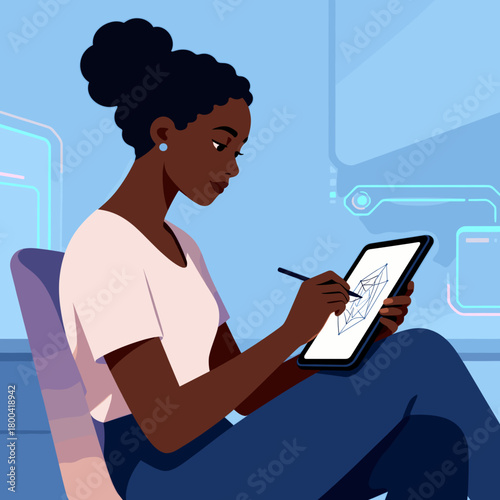 Young black woman drawing on tablet while sitting indoors  