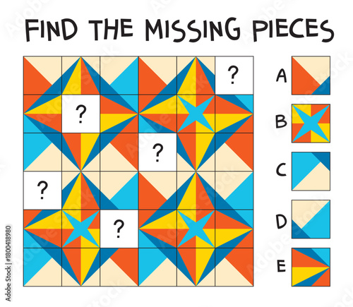 Find the missing piece puzzle. Colorful geometric puzzle for kids. Find the missing tile pieces to complete the star pattern in this fun visual brain teaser.