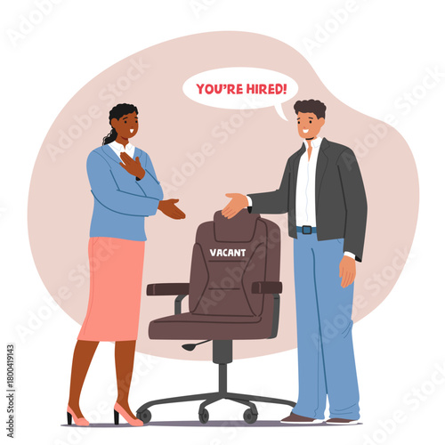 Male employer extending invitation offering workplace to newly hired female candidate cartoon scene