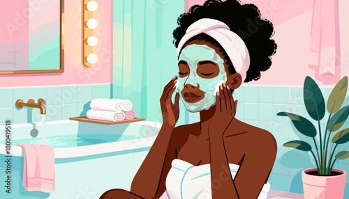 Young Black woman applying facial mask while relaxing in bathroom  