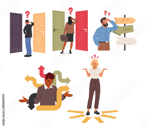 Confused people thinking, looking for decision, making choice, searching for solution isolated set