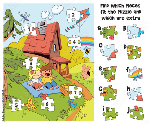 Colorful puzzle game. Fun printable puzzle for kids. Match the puzzle pieces by shape and find three extra ones. Educational worksheet for preschool learning and logical thinking. Spot it