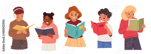 Smart children cartoon girl and boy characters reading classic traditional paper books isolated set