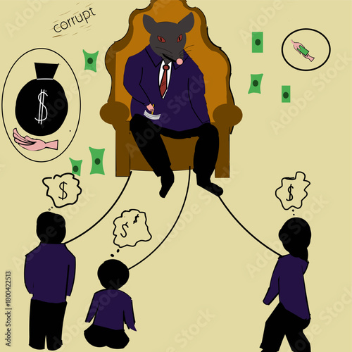 Illustration of a mouse wearing a tie   sitting on his throne of power  with his followers 